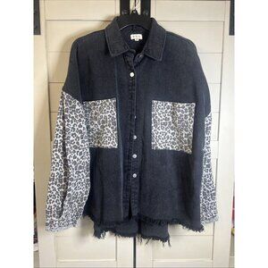 POL Womens Oversized Black Denim Shacket Medium Black Cheetah Print Sleeves